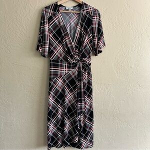 Robbie Bee Black Plaid Wrap Dress with Red and White Accents